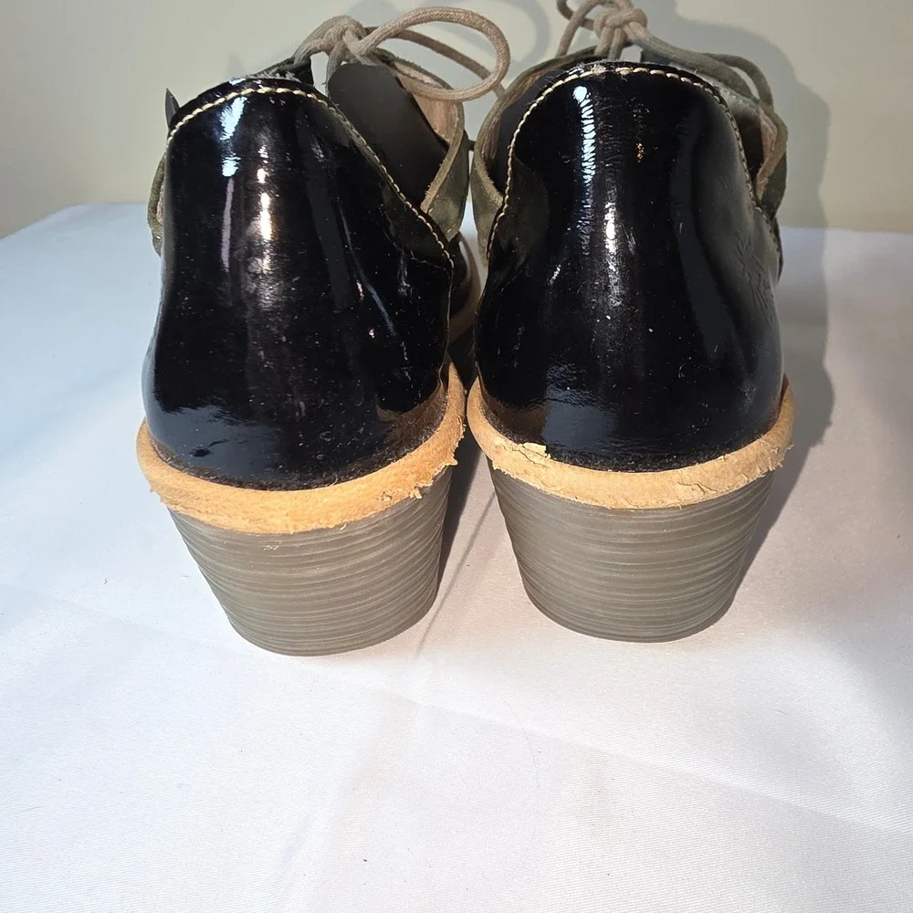 Fly London‎ Womens Wedge Mary Jane Black Patent Olive Green Lace Up Platform